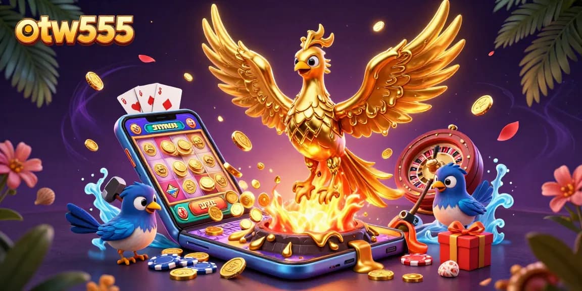 Experience thrilling moments with otw555 as a phoenix rises, surrounded by vibrant gaming elements.