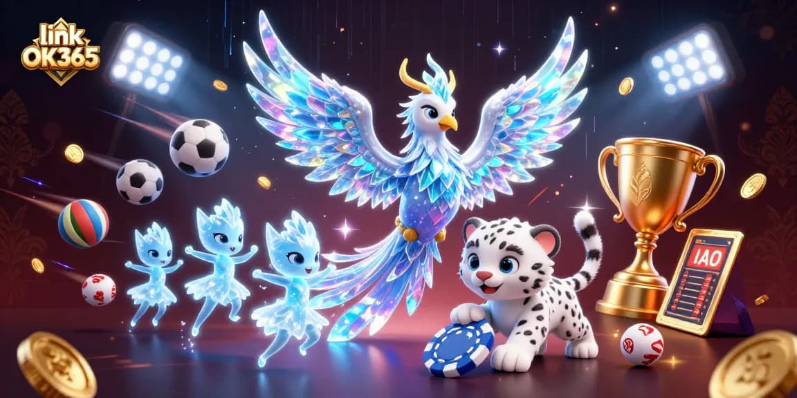 Engage with link OK365's vibrant casino experience featuring a dynamic ice phoenix and playful characters.