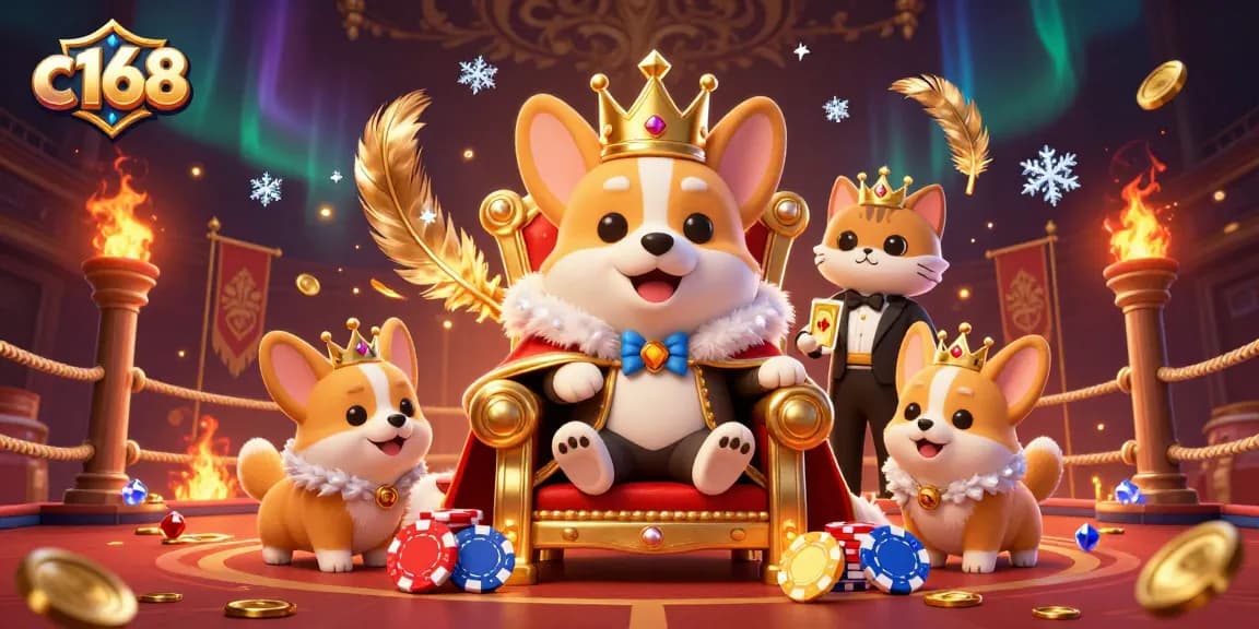 C168 offers an engaging poker experience featuring a royal corgi and dynamic gaming elements.