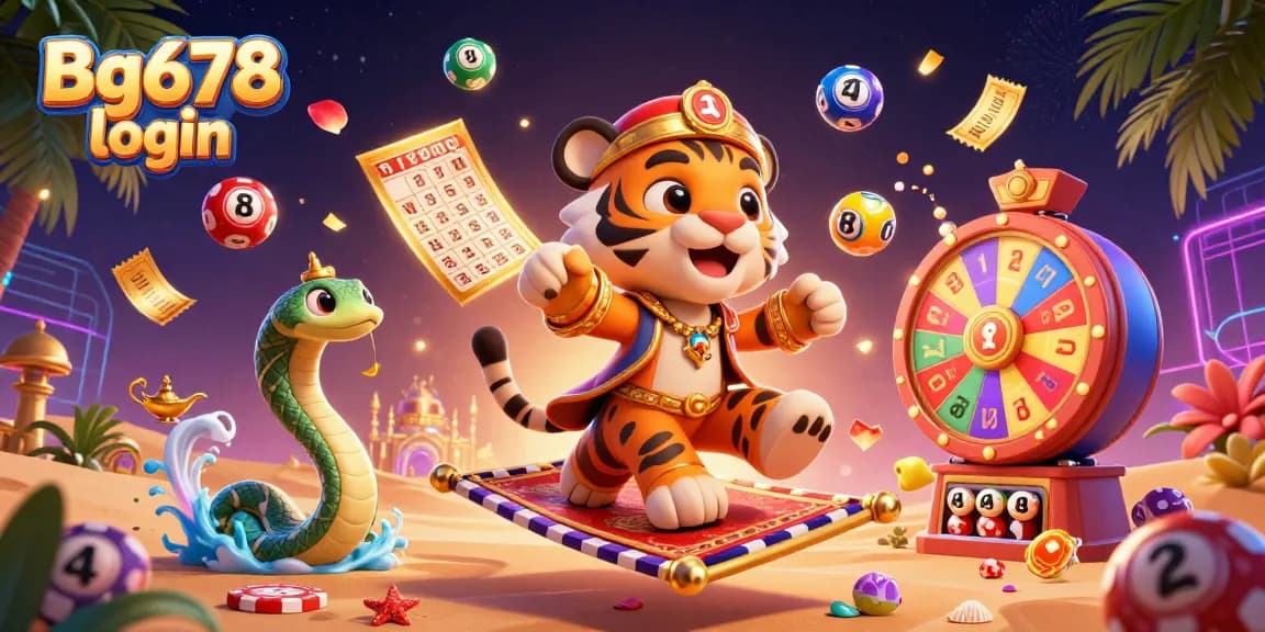Win big at Bg678 login with an exciting scene of a tiger sultan, lottery elements, and vibrant casino visuals.