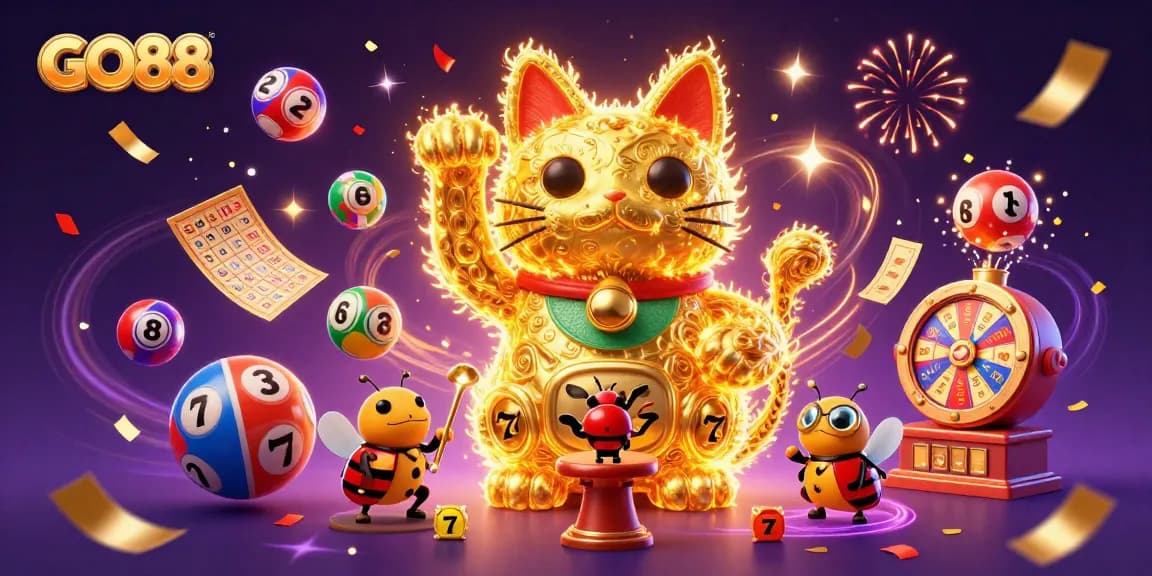 Experience GO88's dynamic casino action with a playful giant lucky cat and vibrant gaming elements.