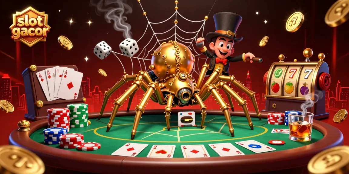 Engaging 3D illustration depicting slot gacor featuring a spider web of golden chains and poker chips, under dramatic lighting.