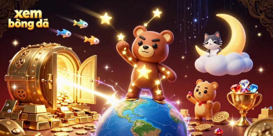 Xem bóng đá in a magical scene with a constellation bear, coins, and treasure, surrounded by vibrant gambling elements.