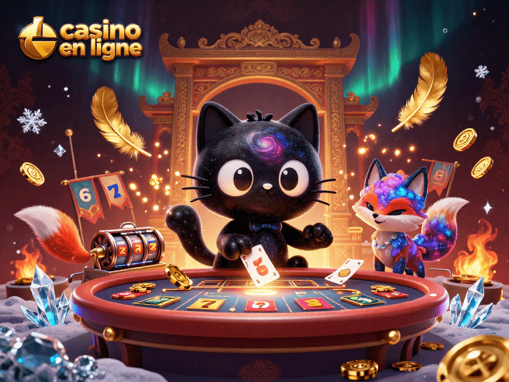 Jouer au casino en ligne avec un chat trou noir et un renard nébuleux. Ambiance festive et dynamique.