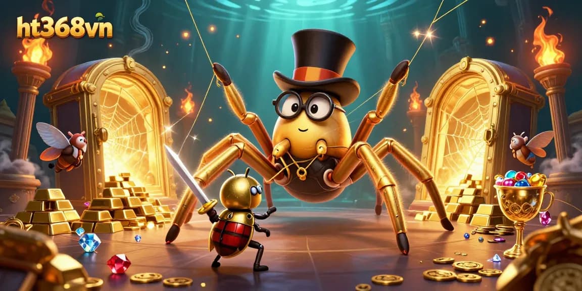 Engage with ht368vn's vibrant casino universe featuring a golden tarantula and beetle knight surrounded by treasures.