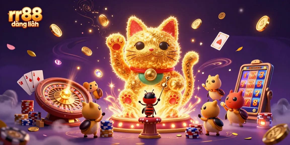 Experience the excitement of rr88 đăng nhập with a vibrant, engaging 3D casino illustration showcasing golden fireflies and dynamic elements.
