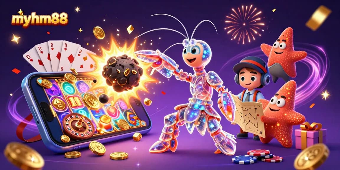 Experience thrilling gameplay with myhm88 as a gleaming mantis shrimp battles through gold coins and slot games.