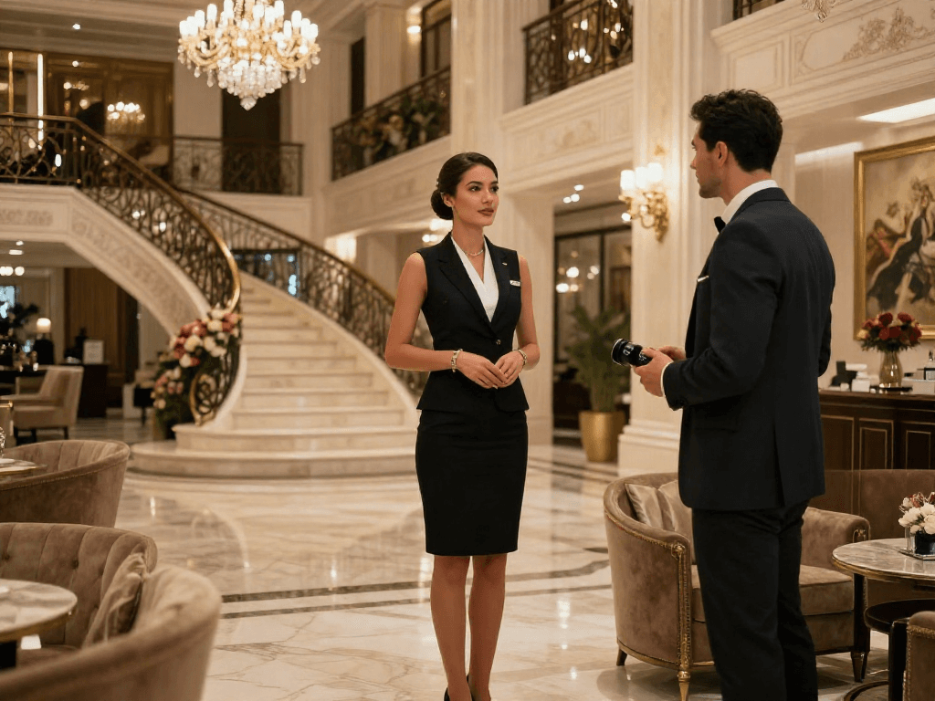 Antalya Merkez Escort offering premium services in luxurious hotel lobby, exuding elegance and sophistication.