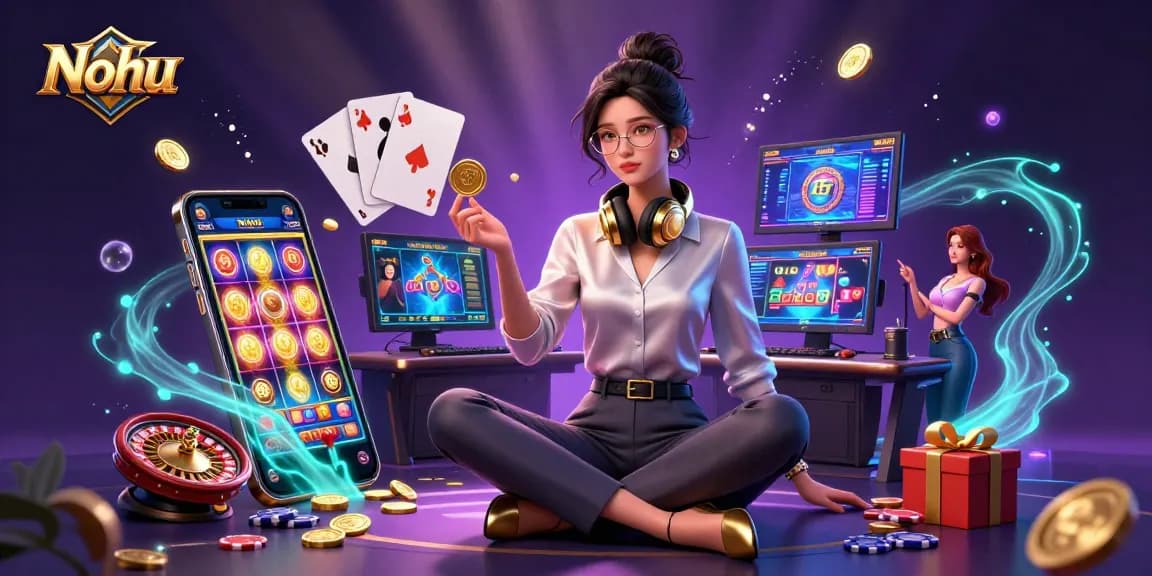 Engage with Nohu's dynamic slot gaming experience featuring vibrant 3D elements and a stylish gamer setting.