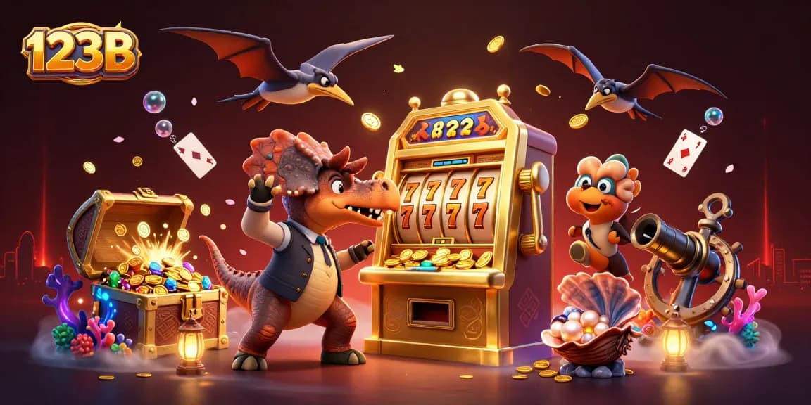 Experience thrilling jackpots at 123B with the pachycephalosaurus headbutting a golden slot machine.