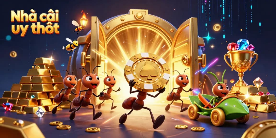 Experience the excitement of Nhà cái uy tín as ants escape with a giant poker chip, surrounded by treasures in an action-packed scene.