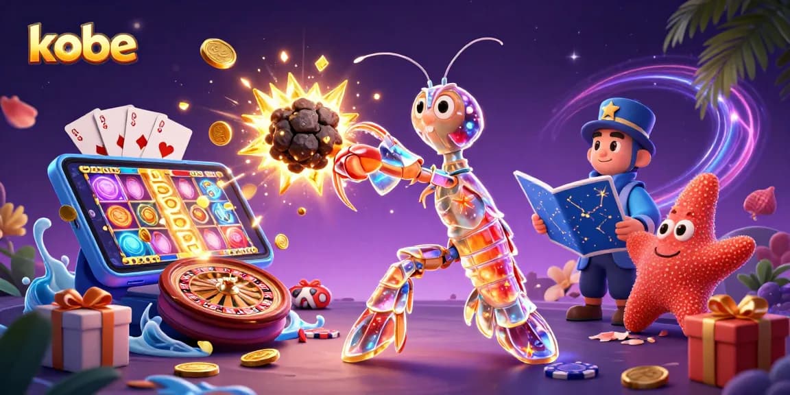 Kobe spins golden slot gems with a galactic samurai shrimp and starfish in a vibrant casino scene.