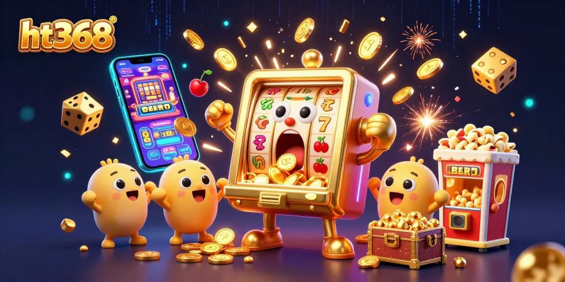 ht368 players win big as the animated slot machine celebrates a jackpot with coins and cheers in a vibrant casino scene.