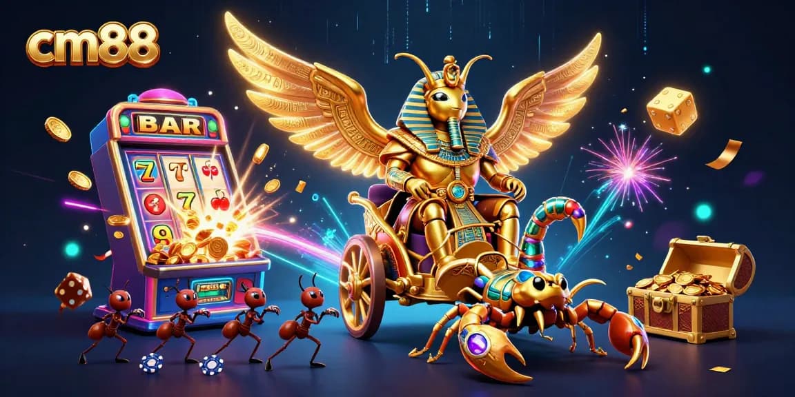 Experience thrilling casino action at cm88 with a vibrant 3D scene featuring a golden scarab, scorpions, and poker chips.