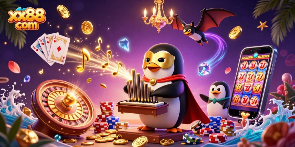 Win big at xx88 com with this lively casino-themed illustration featuring a 3D phantom penguin!