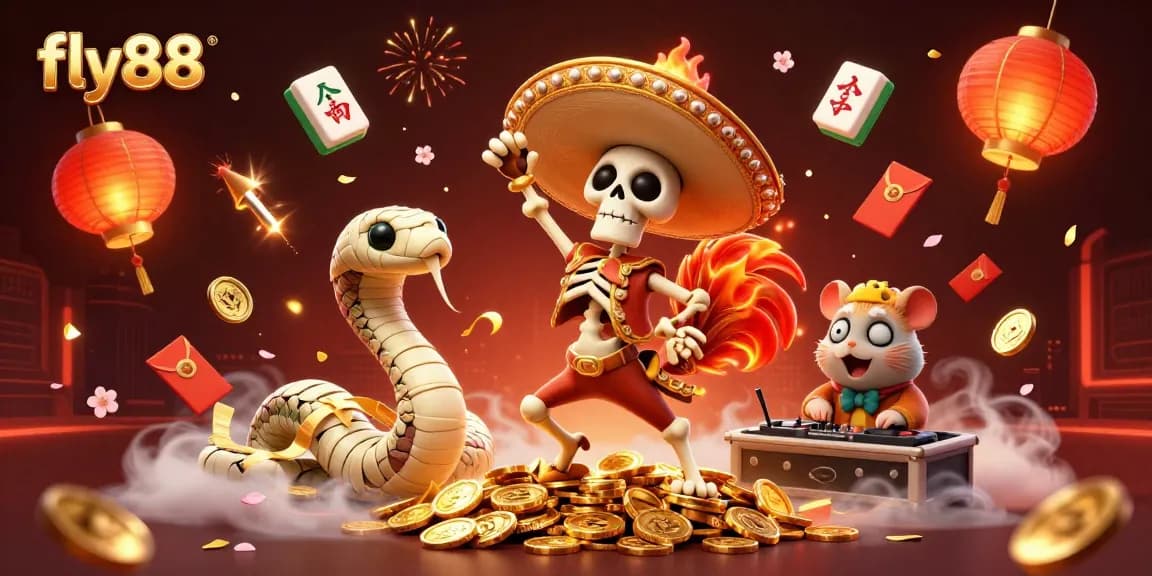 fly88 showcases a dynamic scene of characters celebrating with vibrant game elements, depicting excitement in gambling artistry.