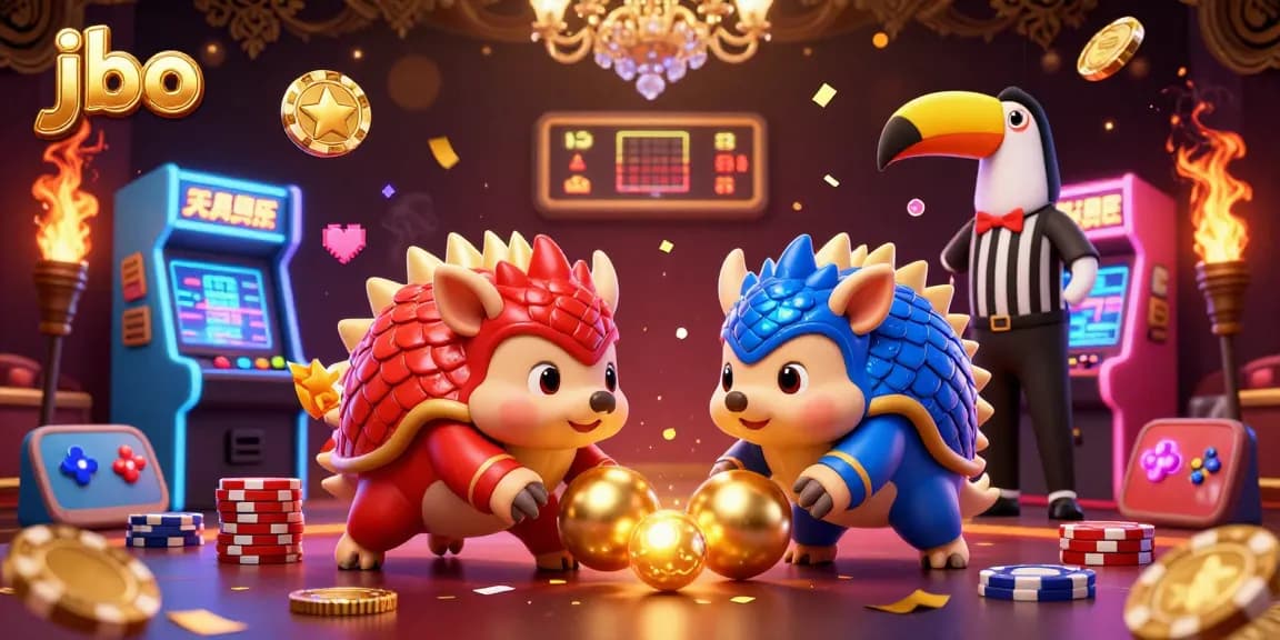 Experience the excitement at jbo with dynamic pangolins bowling through poker chips in a vibrant casino scene.