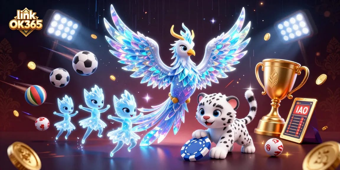Engage with link OK365's vibrant casino experience featuring a dynamic ice phoenix and playful characters.