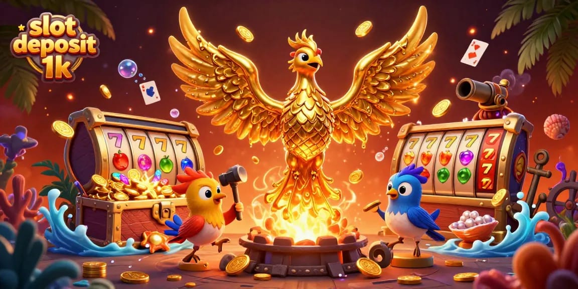 Join the excitement of slot deposit 1k, featuring vibrant casino elements and golden phoenix.