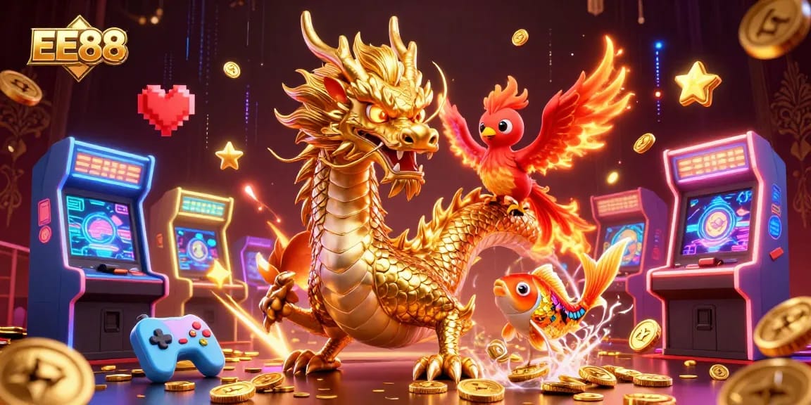 Experience thrilling casino games at EE88 with dragon and phoenix dynamic illustration.