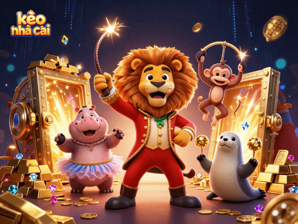 Engage with kèo nhà cái in this vibrant 3D illustration of a lion ringmaster and circus characters surrounded by gold.