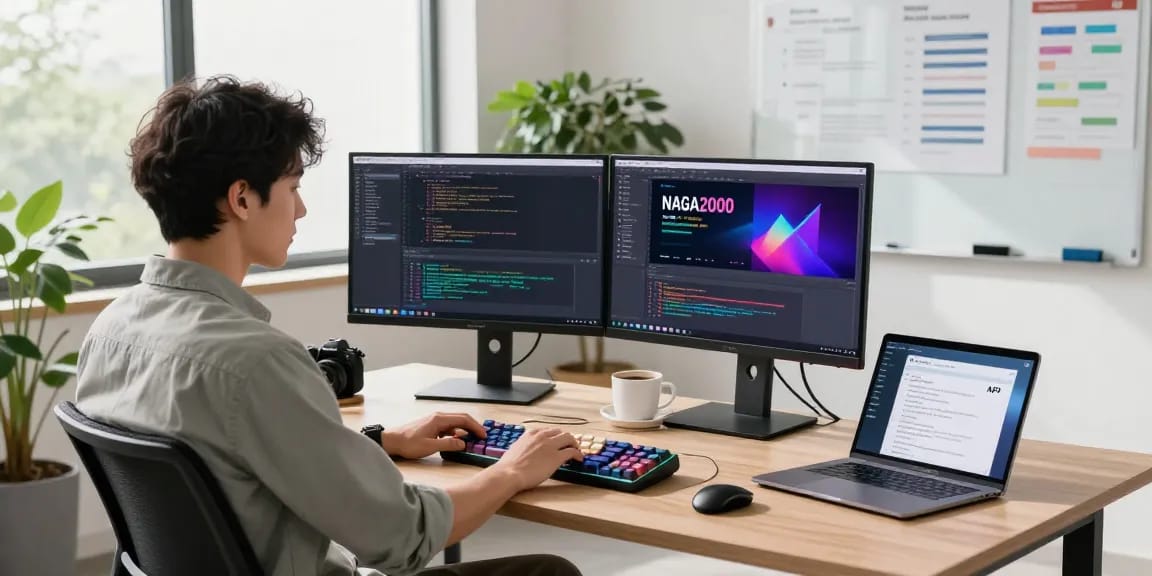 Programmer coding on dual monitors showcasing NAGA2000 in a modern tech workspace
