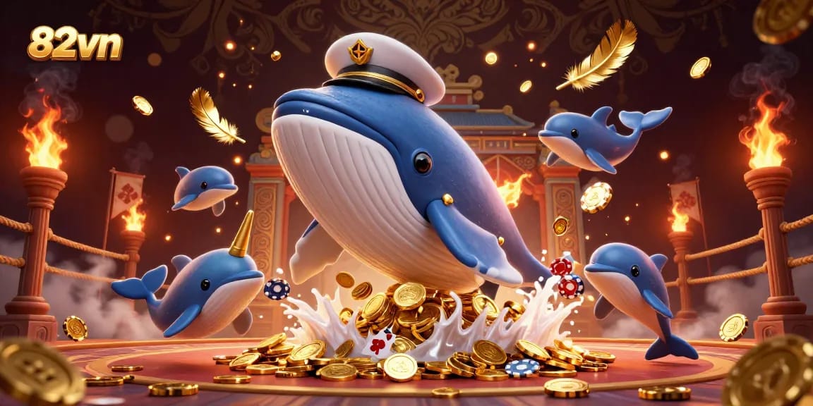 Join the fun at 82vn with a whimsical scene featuring a cartoon whale and dolphins amidst coins and poker chips.