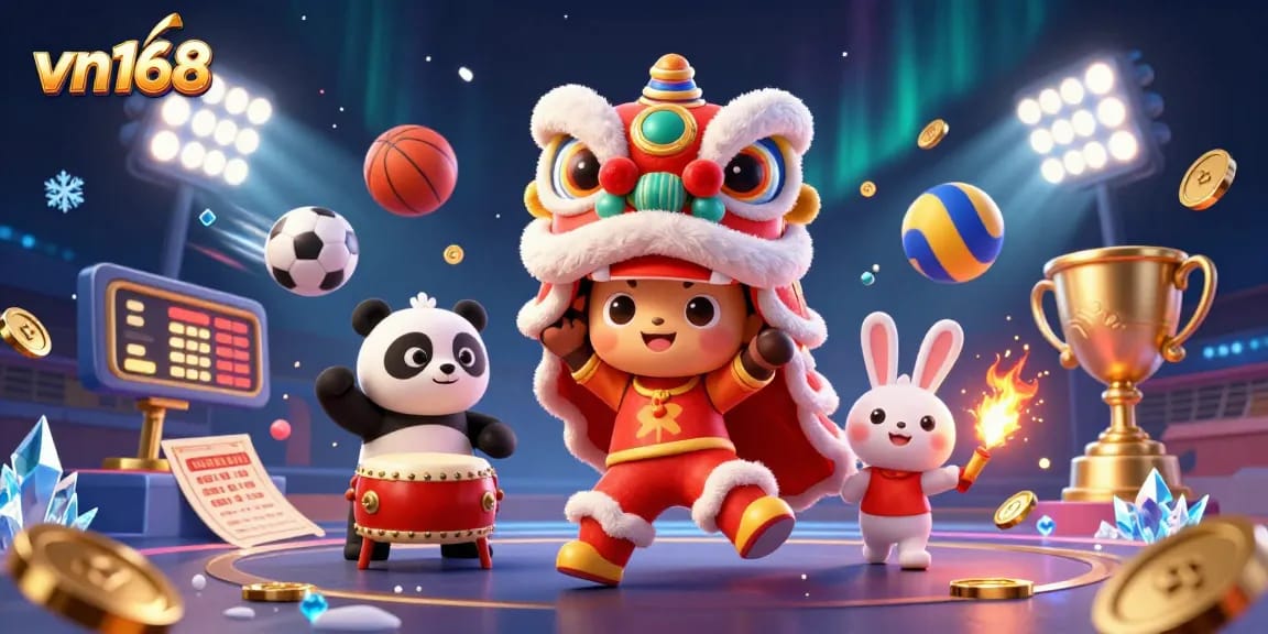 Engage with vn168's dynamic casino scene featuring lively characters and vibrant sports elements.