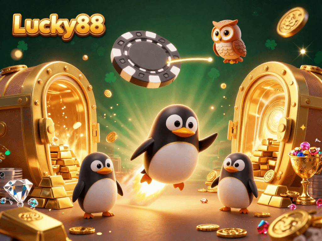 Experience the thrill of Lucky88 with an exciting 3D illustration of a golden penguin soaring towards a casino space station.