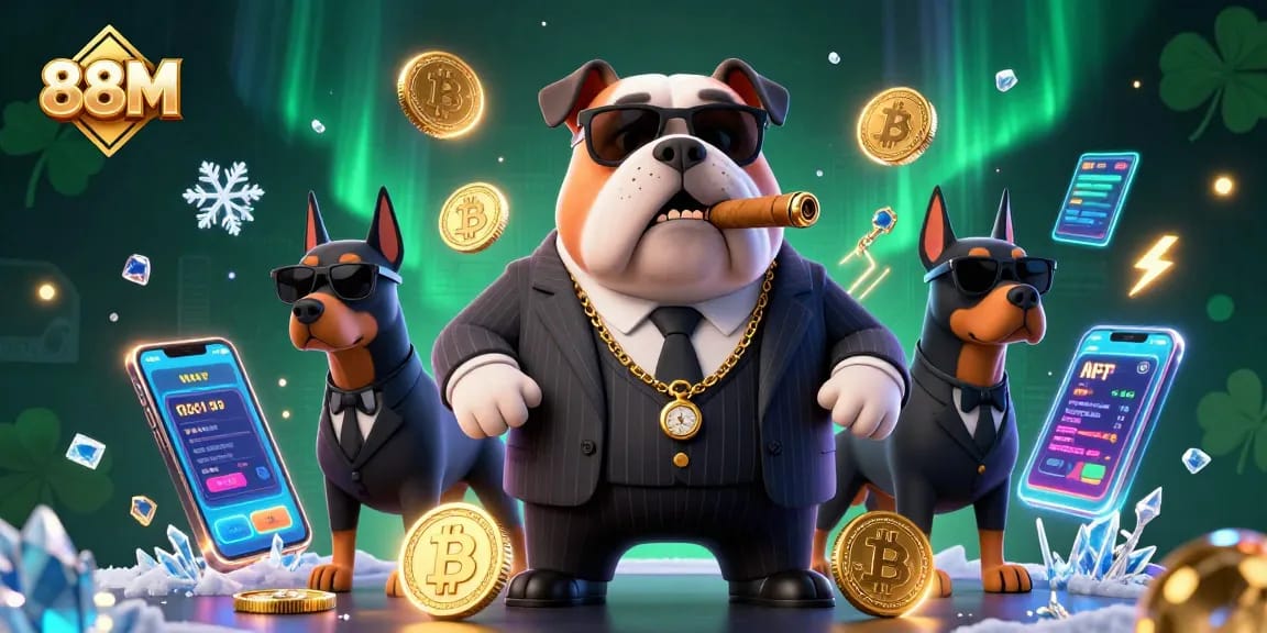 88M casino scene with a mafia boss bulldog, Doberman bodyguards, and crypto elements creating an exhilarating gambling atmosphere.
