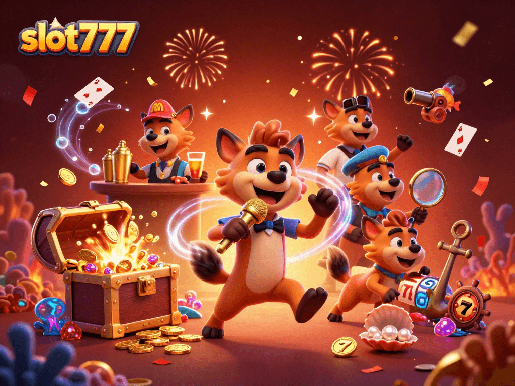 Experience the excitement of slot777 with hyenas in a vibrant casino scene filled with treasures.