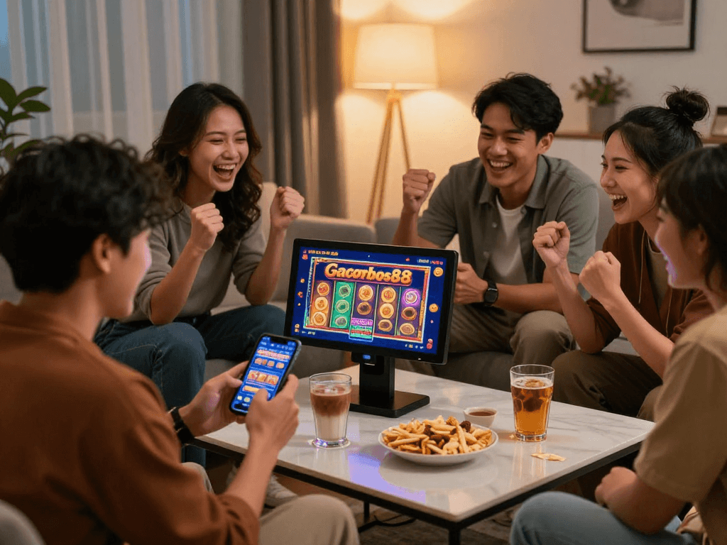 Friends celebrating a jackpot win on the Gacorbos88 slot gacor game on their smartphone.