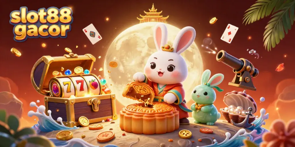 Memenangkan slot88 gacor dengan tumpukan koin emas dan simbol buah yang muncul di permukaan bulan