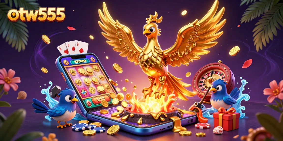 Experience thrilling moments with otw555 as a phoenix rises, surrounded by vibrant gaming elements.