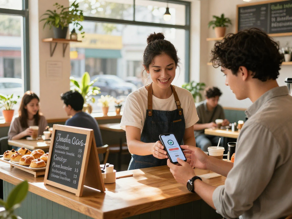 Engaged customer exploring a loyalty application at a café, highlighting the benefits of loyalty programs.