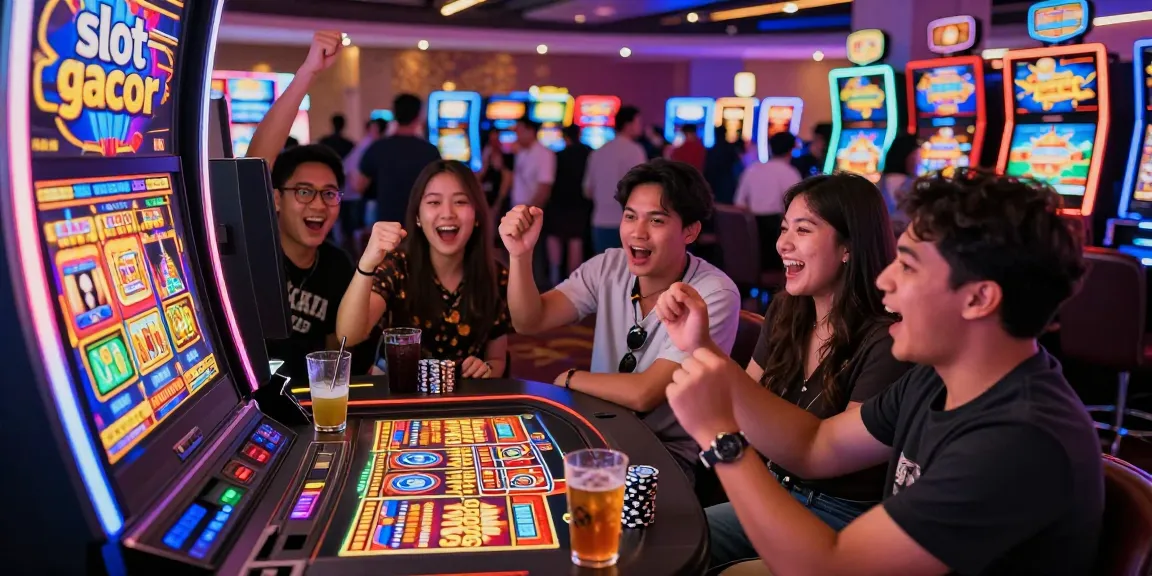 Friends celebrating at a casino slot machine highlighting "slot gacor" excitement.