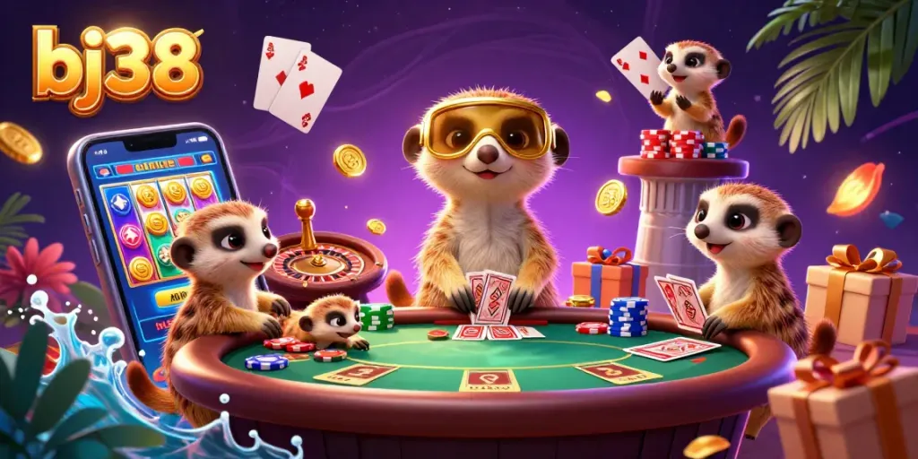 Engage with the exciting online casino experience at bj38, featuring meerkats running the operation amidst vibrant gaming elements.