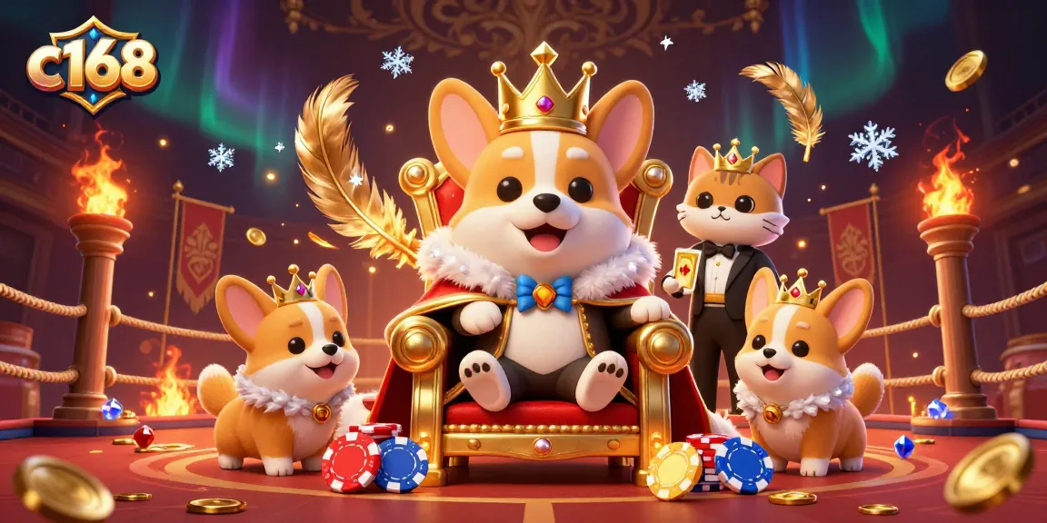 C168 offers an engaging poker experience featuring a royal corgi and dynamic gaming elements.