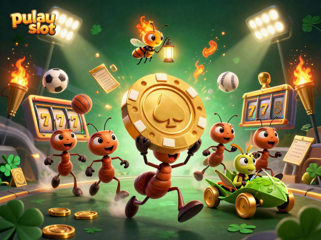 Pulau slot adventure: ants heist with golden poker chip amidst sports-themed slots and dynamic elements