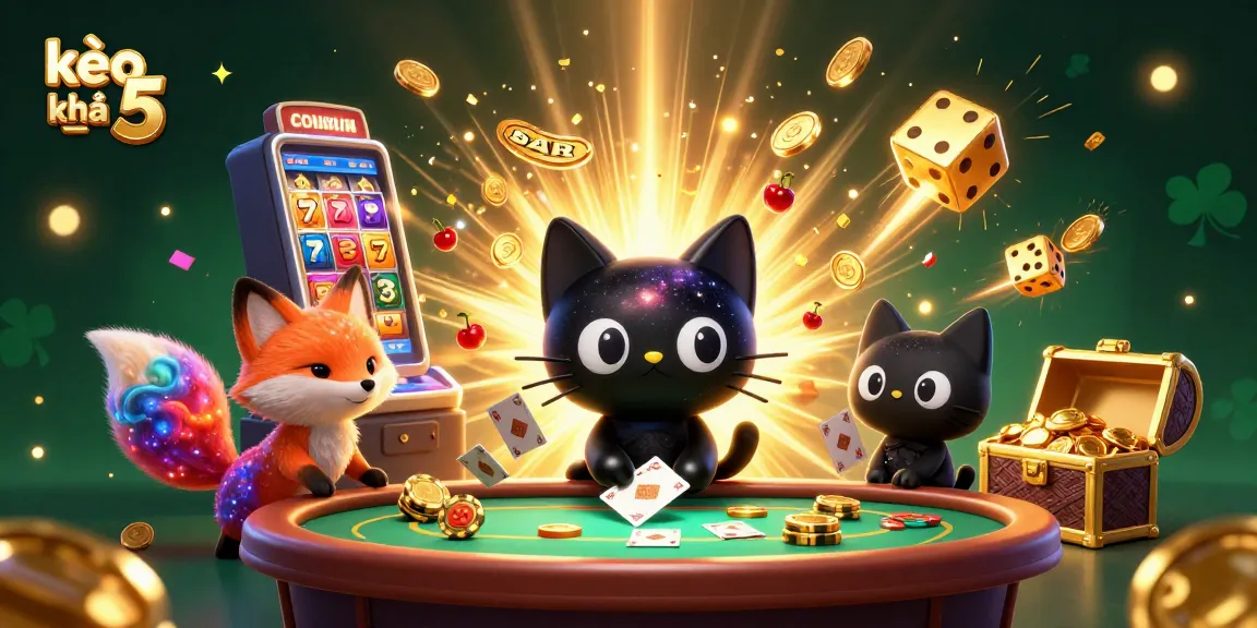 Kèo nhà cái 5 showcases a cosmic casino scene featuring a black hole cat and a colorful gas cloud fox surrounded by jackpot elements.