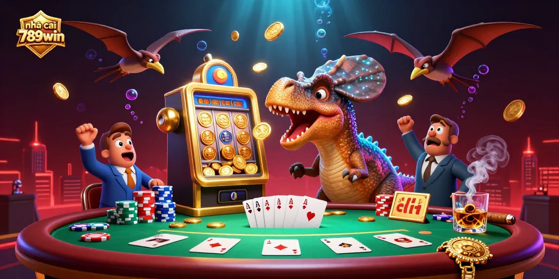Experience excitement at nhà cái 789win with a dinosaur-themed casino scene featuring jackpots and flying coins.