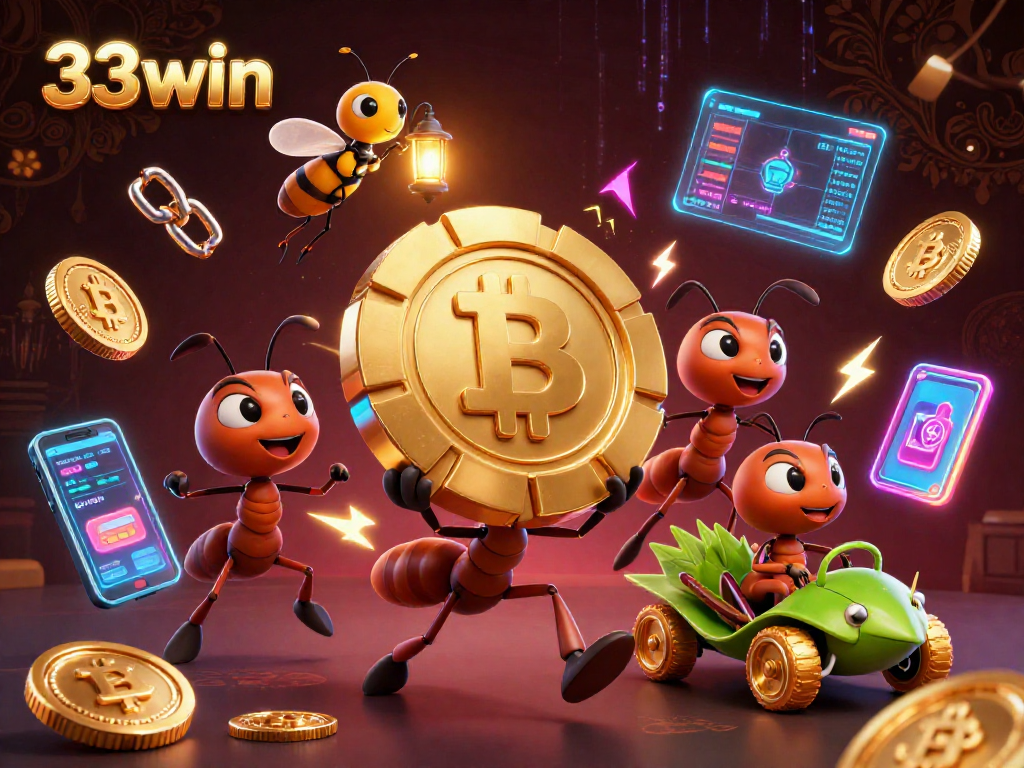 Engage with 33win's vibrant 3D scene featuring ants carrying a giant poker chip in a crypto-themed heist.
