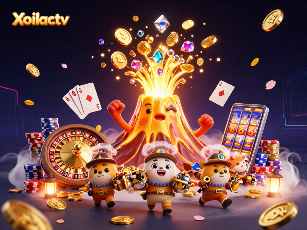 Xoilactv showcases a triumphant golden volcano amidst a cascade of coins and poker elements, capturing casino excitement.