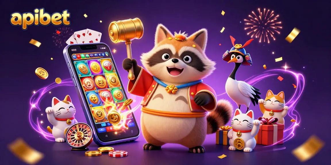 Permainan slot apibet yang berwarna-warni dengan grafis menarik dan karakter menawan di latar belakang.