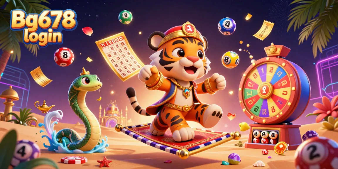 Win big at Bg678 login with an exciting scene of a tiger sultan, lottery elements, and vibrant casino visuals.