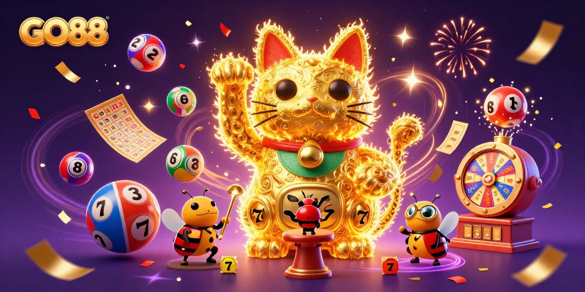 Experience GO88's dynamic casino action with a playful giant lucky cat and vibrant gaming elements.