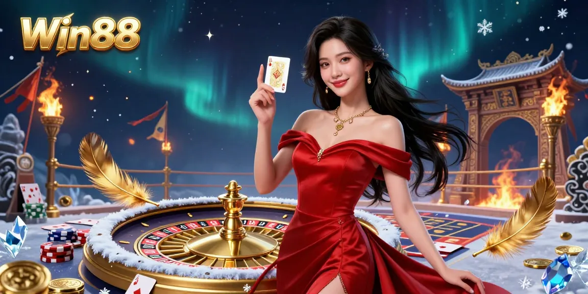 Experience the thrill of Win88 with a vibrant casino scene featuring a stunning woman, roulette wheel, and gaming elements.