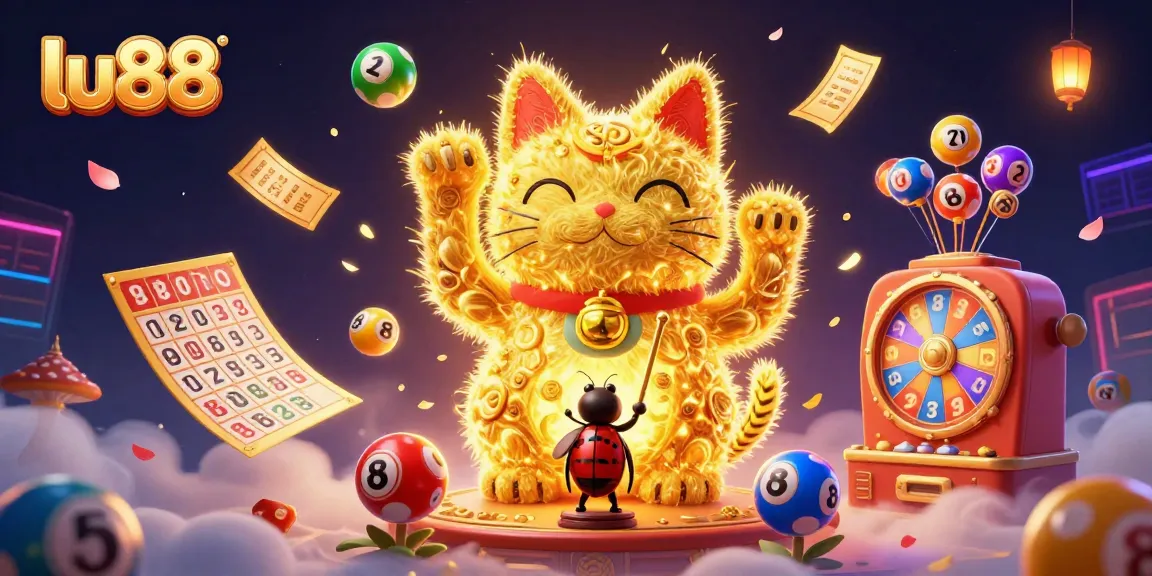 Engage with lu88's vibrant casino experience through a dynamic 3D illustration showcasing a lucky cat and gaming elements.