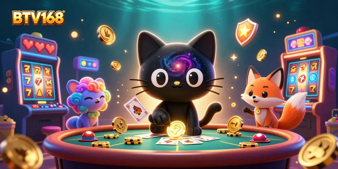 Interact with the vibrant BTV168 casino scene featuring a black hole cat and nebula fox.