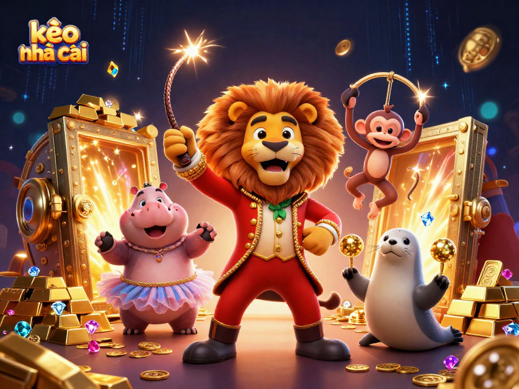 Engage with kèo nhà cái in this vibrant 3D illustration of a lion ringmaster and circus characters surrounded by gold.